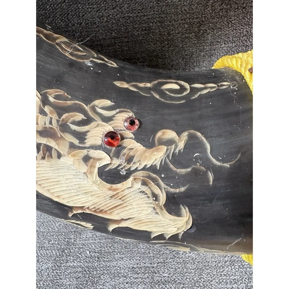 Vintage Philippine Scrimshaw Art Decorative Buffalo Horns w/ Chinese‎ Dragons